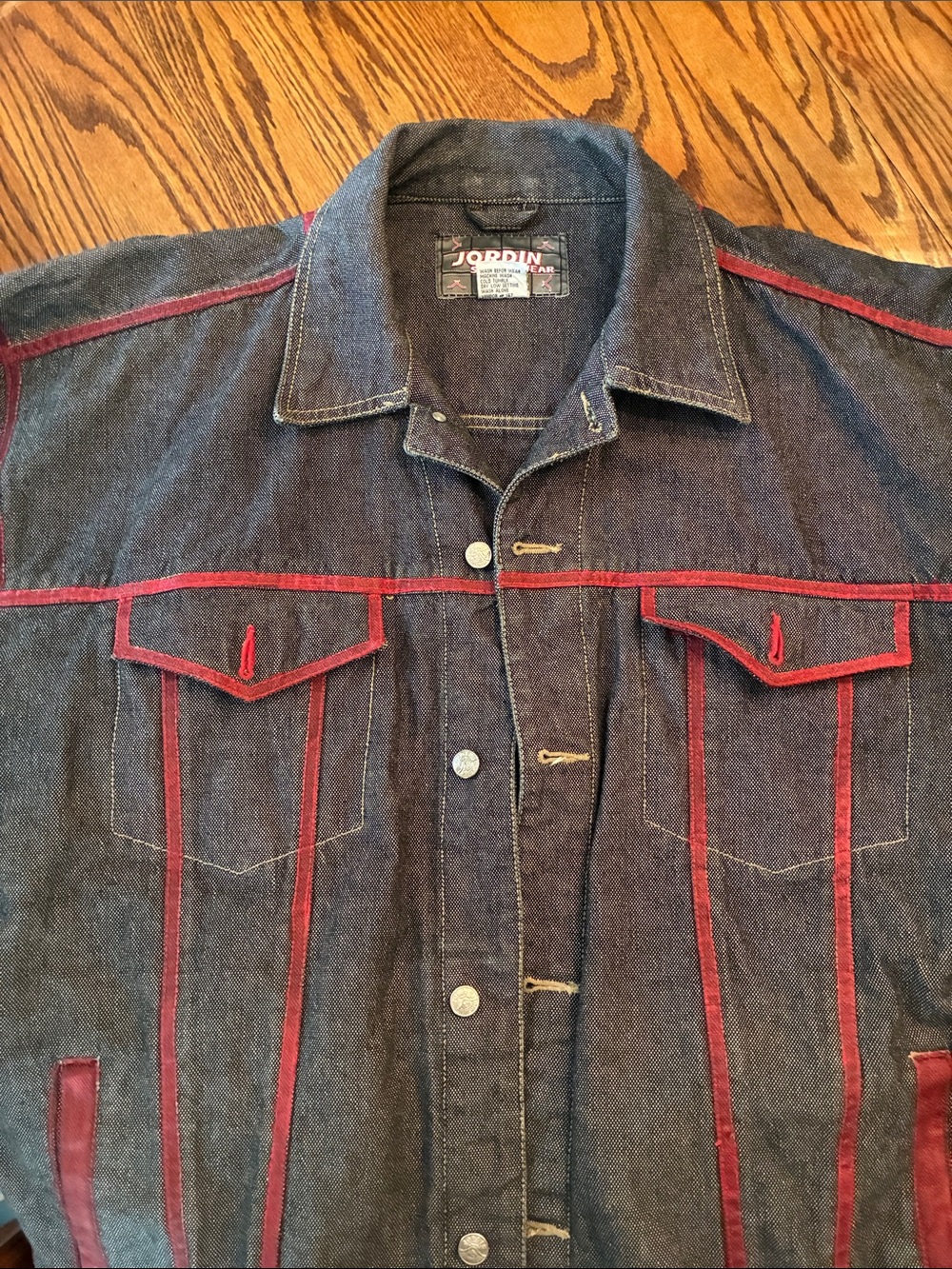 Women's black and white patterned Denim Jacket with Red Contrast painted seams